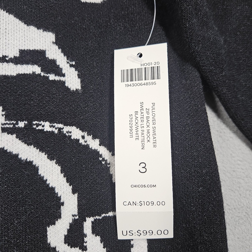 Chico's Sweater Womens 3 / XL Black White Pattern Zip Back Mock Neck Office Chic - Picture 4 of 11